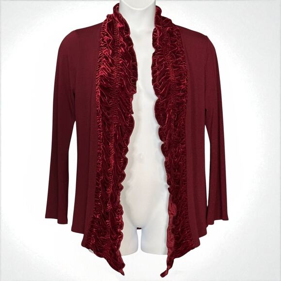 Etoile Ruffled Knit Cardigan Sz Large Open Front Velvet Trim Wine Red Boho Chic - Picture 1 of 6